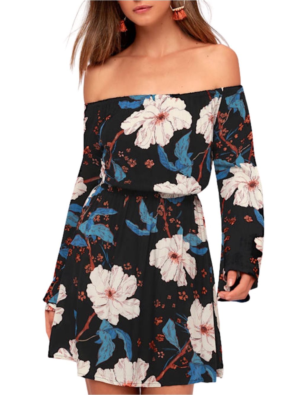 Billabong Marked For More Black Floral Print Off-the-Shoulder Mini Dress, S